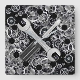 Steampunk Silver Gears & Verktyg Square Wall Clock Fyrkantig Klocka