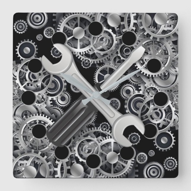 Steampunk Silver Gears & Verktyg Square Wall Clock Fyrkantig Klocka (Framsida)