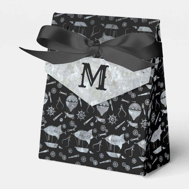 Steampunk Silver Zinc Airships Monogram Presentaskar (Framsidan Sidan)