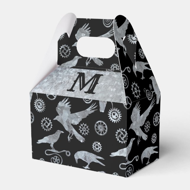 Steampunk Silver Zinc Gears & Kråkas Monogram Gabl Presentaskar (Framsidan Sidan)