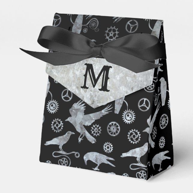 Steampunk Silver Zinc-växlar och Kråkor Monogram Presentaskar (Framsidan Sidan)