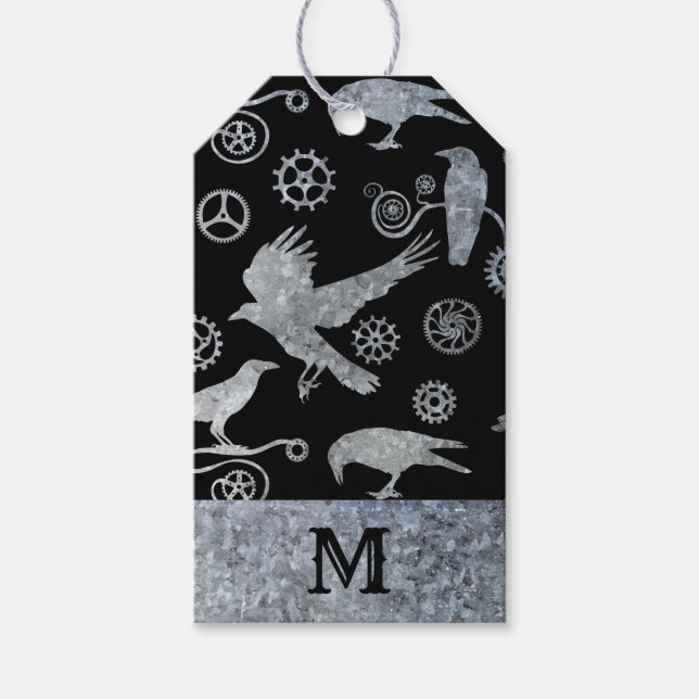 Steampunk Silver Zinc-växlar och Kråkor Monogram Presentetikett (Framsidan)