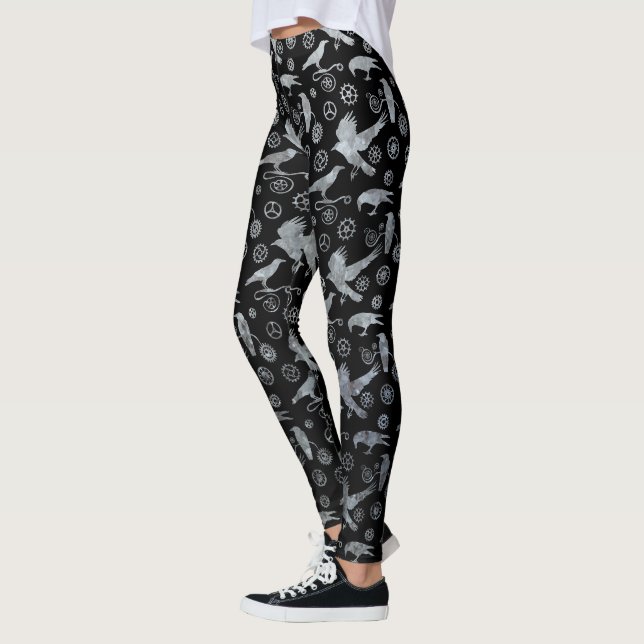 Steampunk Silver Zink Kråkor och Kugghjul Leggings (Vänster)