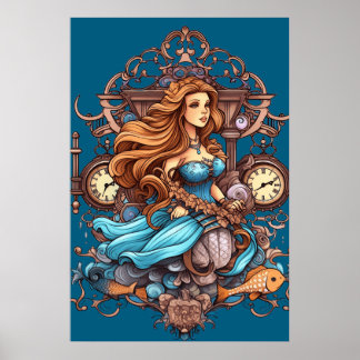 Steampunk-siren för flickor eller pojkar på en väg poster