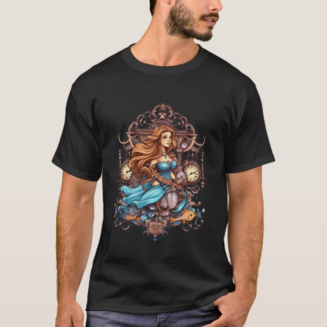 Steampunk Sjöjungfru i en blå klänning på en mans  T Shirt (Framsida)