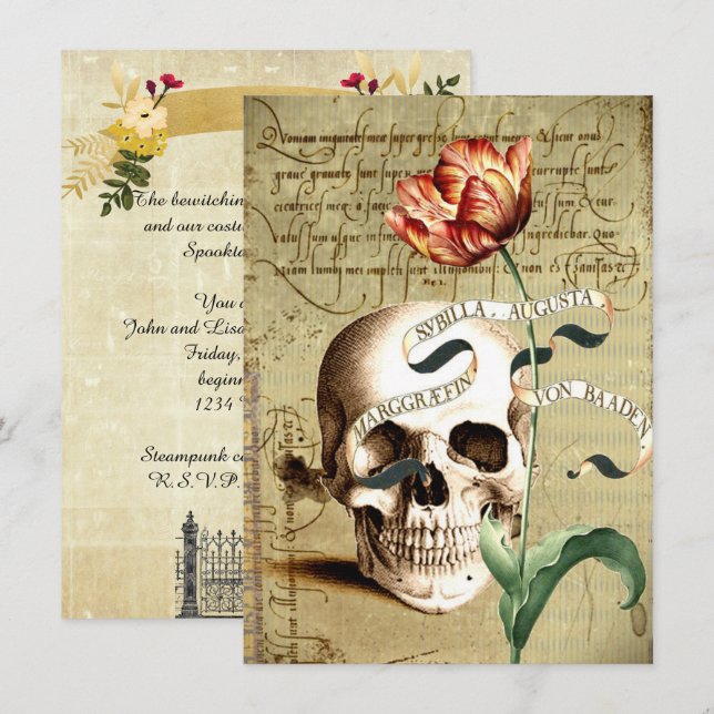 Steampunk Skull Blommigt Halloween 4,5 x 6,25 tum Inbjudningar (Fram/baksida)