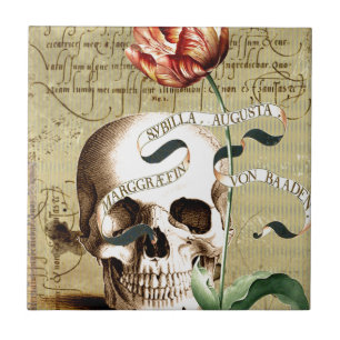 Steampunk Skull Blommigt Skriva Halloween Kakelplatta