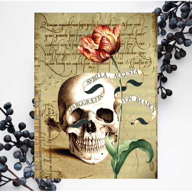 Steampunk Skull Blommigt Skriva Halloween Kort (Skapare uppladdad)