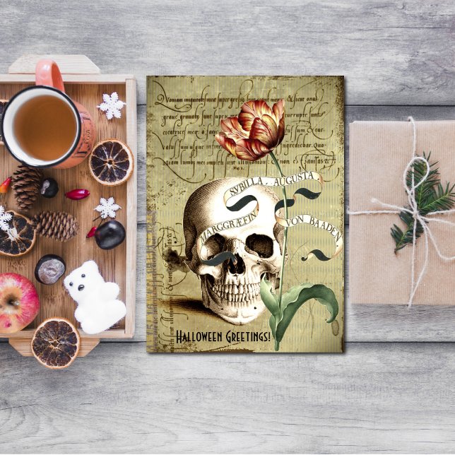 Steampunk Skull Blommigt Skriva Halloween Vykort (Skapare uppladdad)