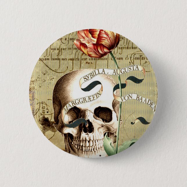 Steampunk Skull Floral Writing Halloween Knapp (Framsida)
