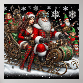 Steampunk Sled ~ Santa with Wife & Elves 02 XX Poster