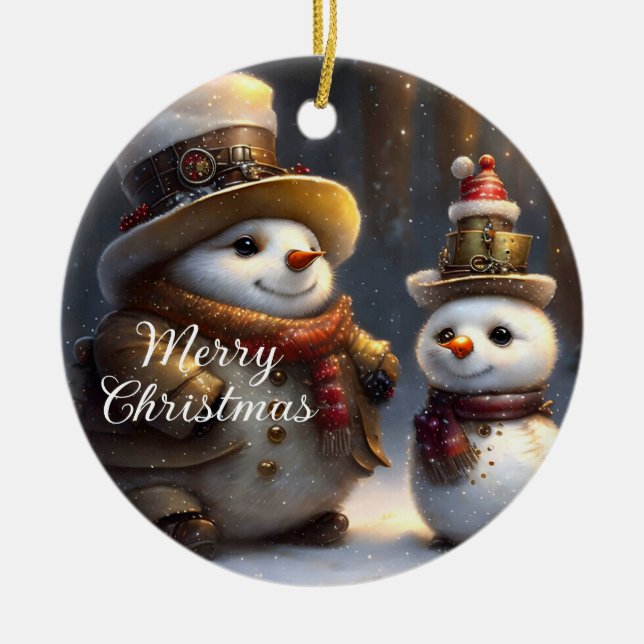 Steampunk - Snögubbar vid jul Julgransprydnad Keramik (Framsidan)