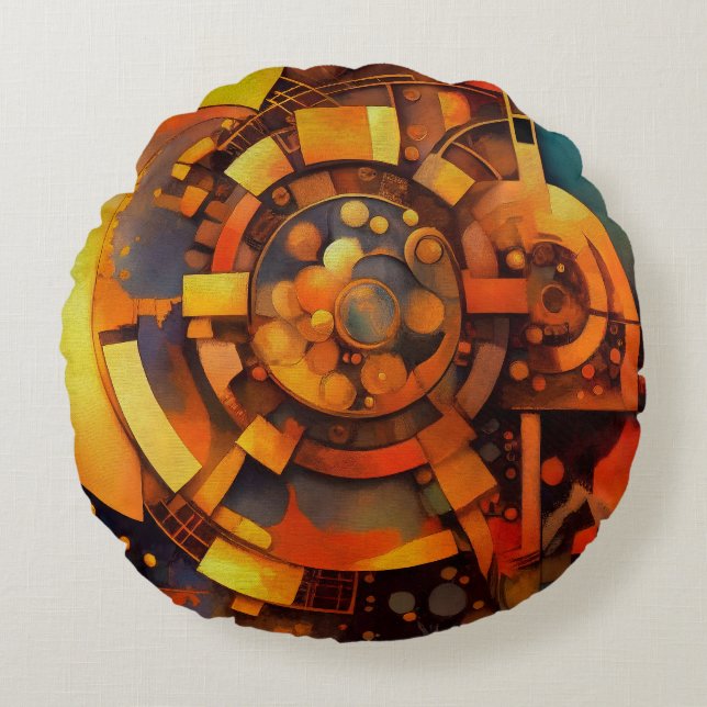 Steampunk Solär mekanism Abstrakt Rund Kudde (Framsidan)