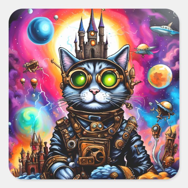 Steampunk Space Kat I Fyrkantigt Klistermärke (Framsida)