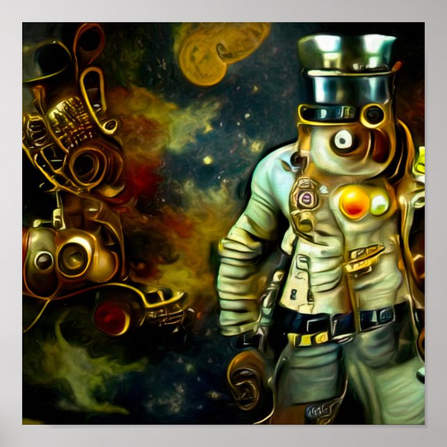 Steampunk Spaceman Astronaut och måne Poster (Framsidan)