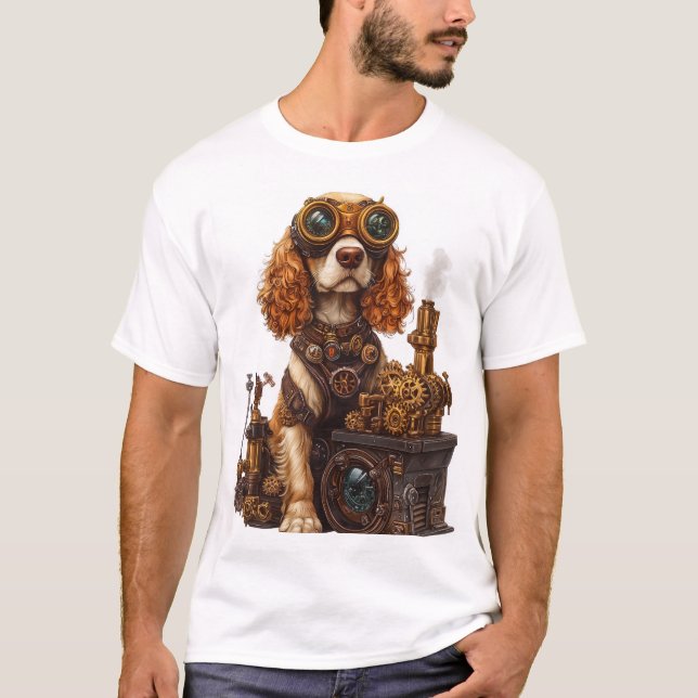 Steampunk Spaniel � Victorian Dog Inventor T Shirt (Framsida)