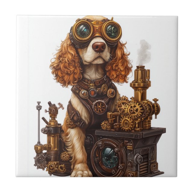 Steampunk Spaniel � Viktoriansk hund uppfinnare Kakelplatta (Framsidan)