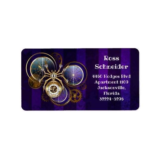 Steampunk Spider på Lila Background Adressetikett (Framsidan)