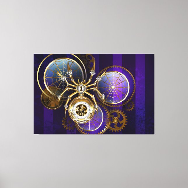 Steampunk Spider på Lila Background Canvastryck (Framsida)