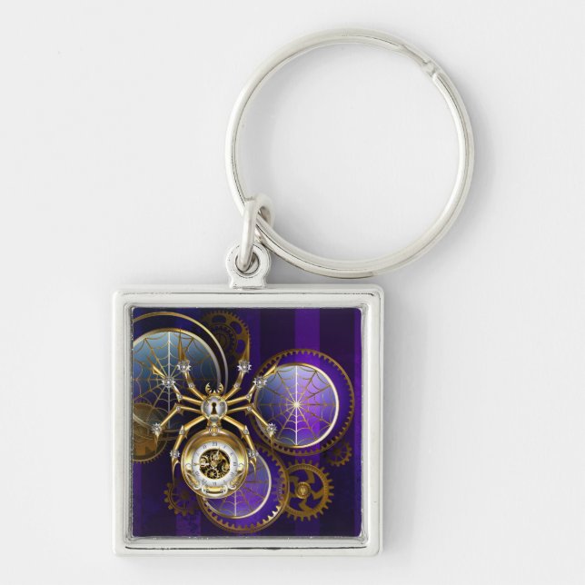 Steampunk Spider på Lila Background Fyrkantig Silverfärgad Nyckelring (Framsidan)