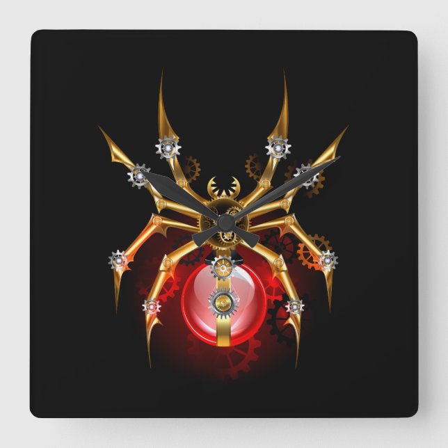 Steampunk spider på svart fyrkantig klocka (Framsida)