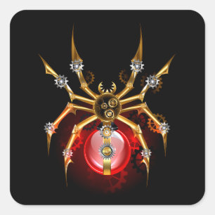 Steampunk spider på svart fyrkantigt klistermärke