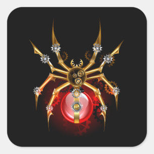 Steampunk spider på svart fyrkantigt klistermärke