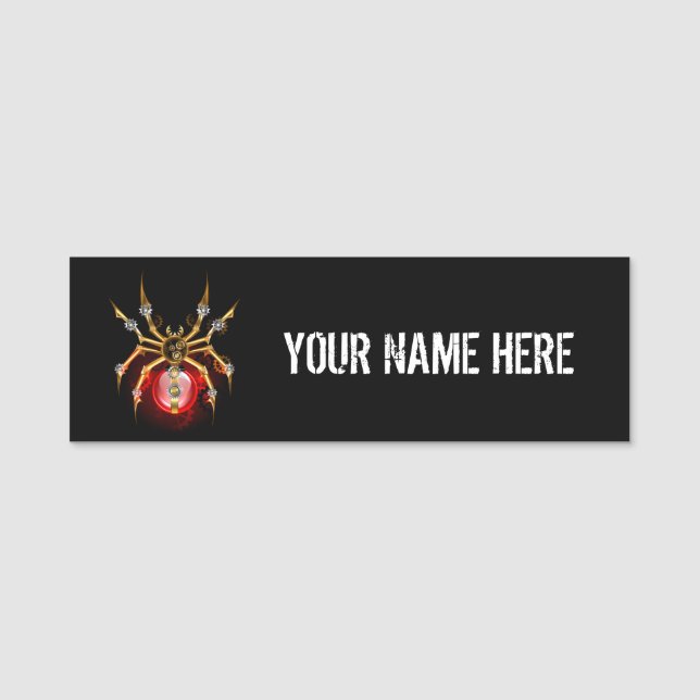 Steampunk spider på svart namnbricka (Framsida)