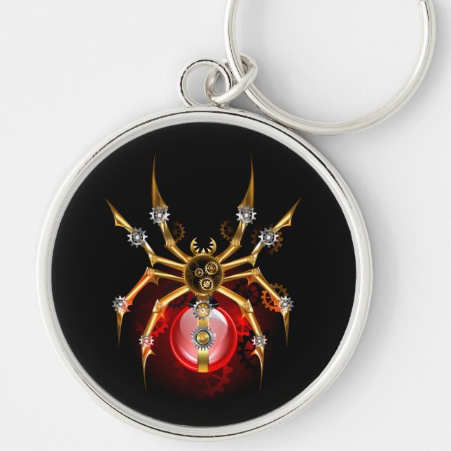 Steampunk spider på svart rund silverfärgad nyckelring (Framsidan)