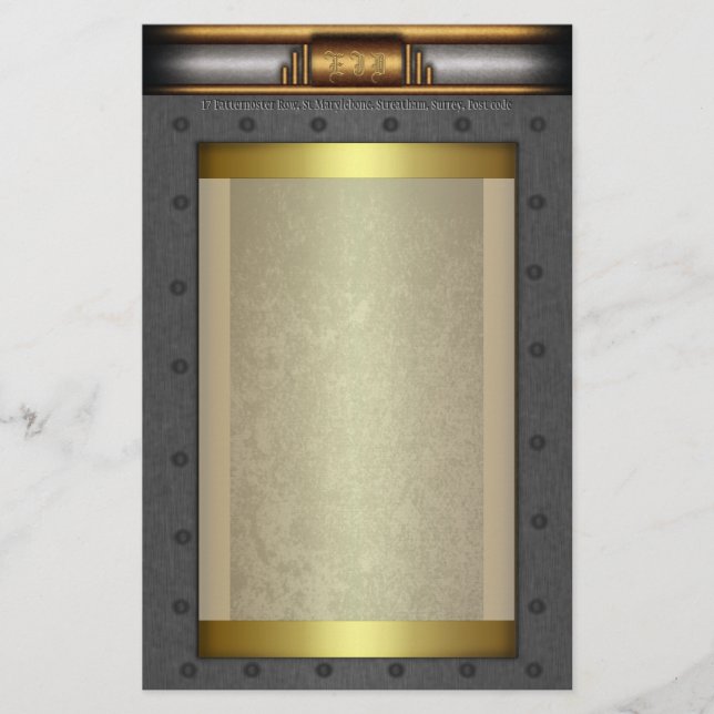 Steampunk, stålrivet ram på guld och mässing brevpapper (Framsida)