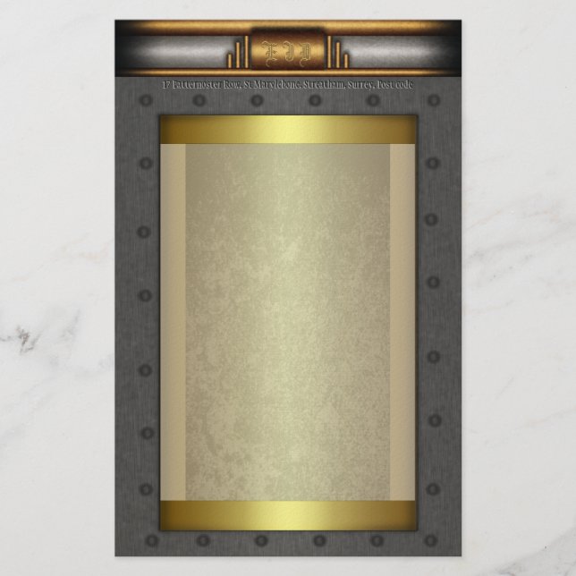 Steampunk, stålrivet ram på guld och mässing brevpapper (Framsida)