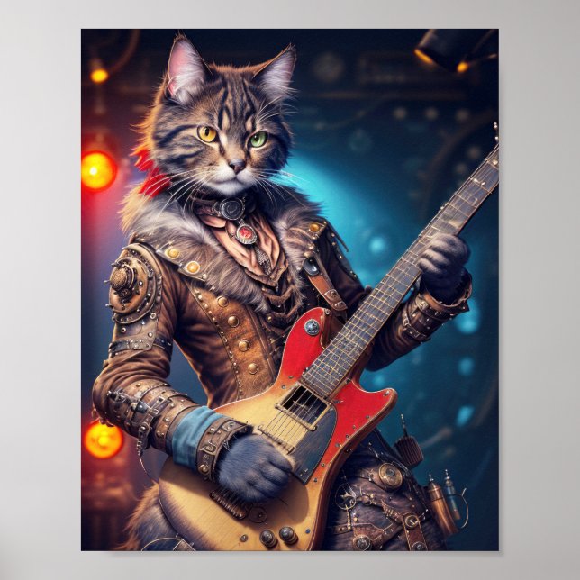 Steampunk sten-katt som spelar gitarr på en scen - poster (Framsidan)