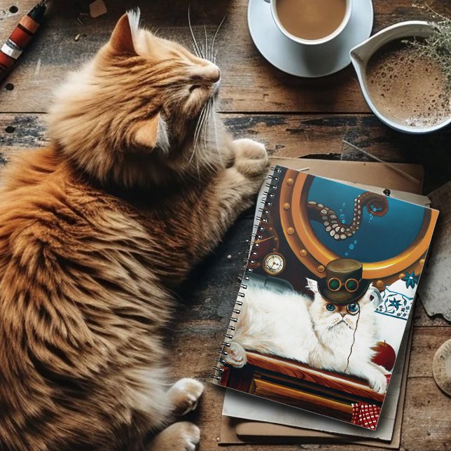 Steampunk Submarine Cat Tea Anteckningsbok Med Spiral (Skapare uppladdad)