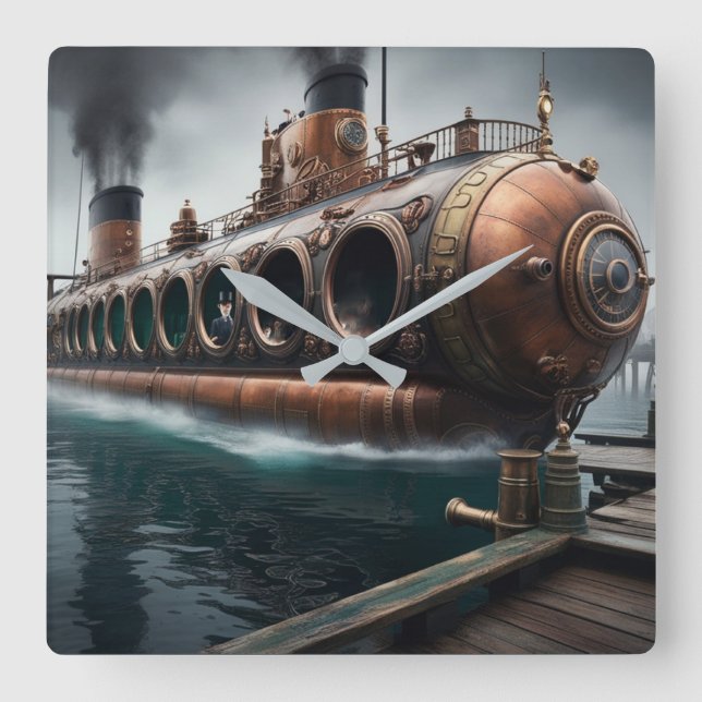 Steampunk Submersible Ocean-liner Fyrkantig Klocka (Framsida)