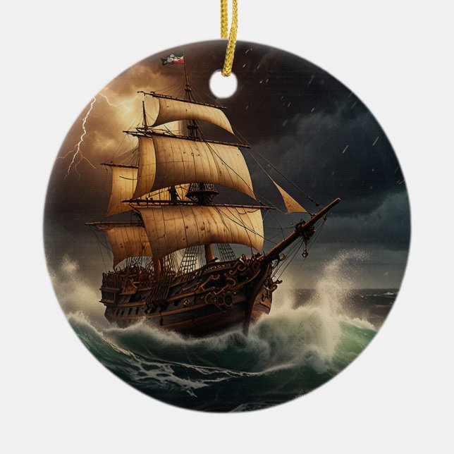 Steampunk Submersible Ocean-liner Julgransprydnad Keramik (Framsidan)