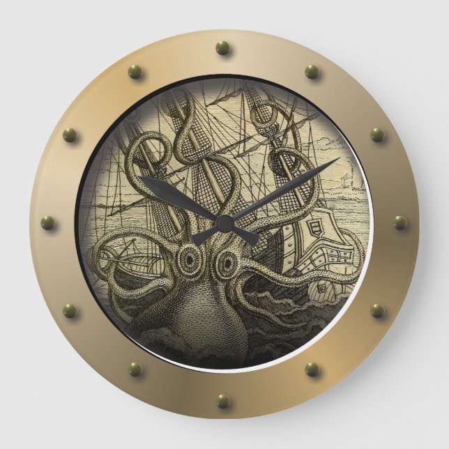 Steampunk Subsea Porthole Giant Octopus Stor Klocka (Framsida)