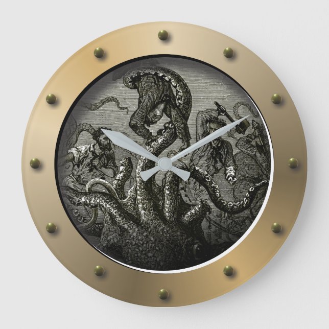 Steampunk Subsea Porthole Kraken Giant Octopus Stor Klocka (Framsida)