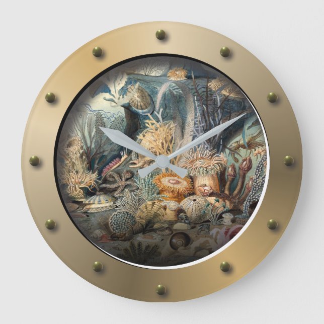 Steampunk Subsea Porthole Undersea Life Stor Klocka (Framsida)