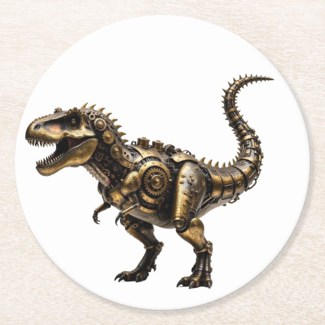 Steampunk T-Rex Mech – Mässings Dino Odjur Underlägg Papper Rund (Framsidan)