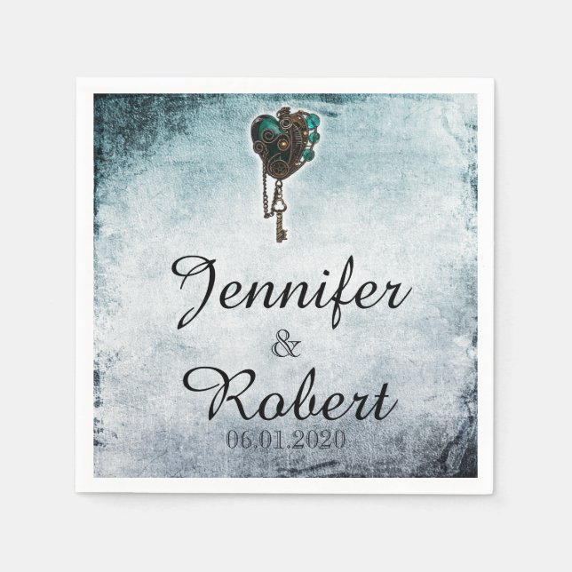 Steampunk Teal Heart Bröllop Napkin Pappersservett (Framsidan)
