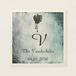 Steampunk Teal Heart Monogram Bröllop Napkin Pappersservett