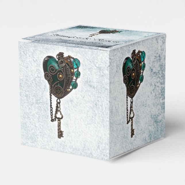 Steampunk Teal Heart Wedor Favor Box Presentaskar (Framsidan Sidan)