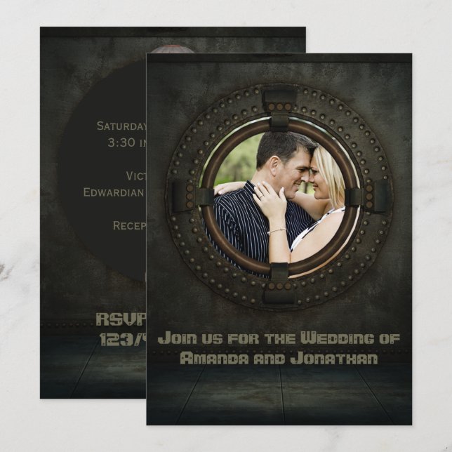 Steampunk tema lägg till bild inbjudan till Bröllo (Fram/baksida)