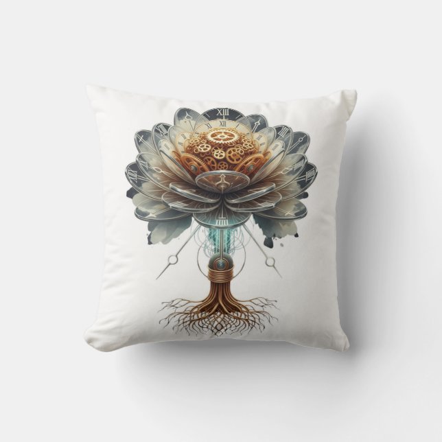 Steampunk Temporal Blomning: Mekanisk Naturmotor Kudde (Framsida)