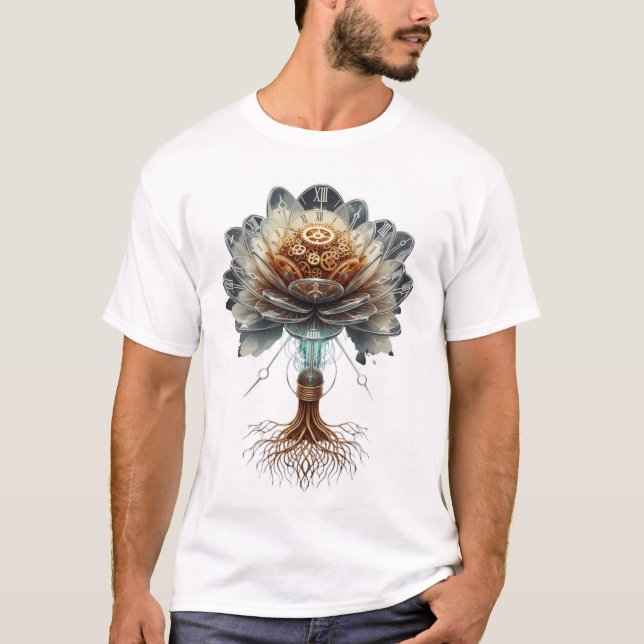 Steampunk Temporal Blomning: Mekanisk Naturmotor T Shirt (Framsida)