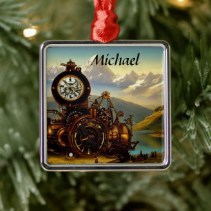 Steampunk Time Maskin i schweiziska Alpernor Perso Julgransprydnad Metall