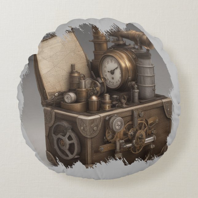 Steampunk Time Maskin - Vintage Treasure Chest Rund Kudde (Framsidan)