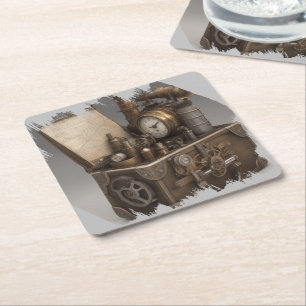 Steampunk Time Maskin - Vintage Treasure Chest Underlägg Papper Kvadrat