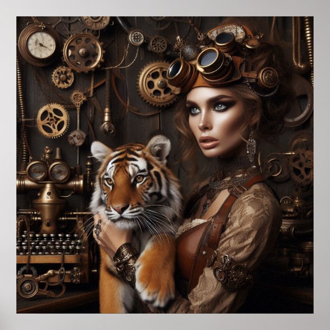 Steampunk -Time Maskin Young Girl and Tiger 80-4 Poster (Framsidan)