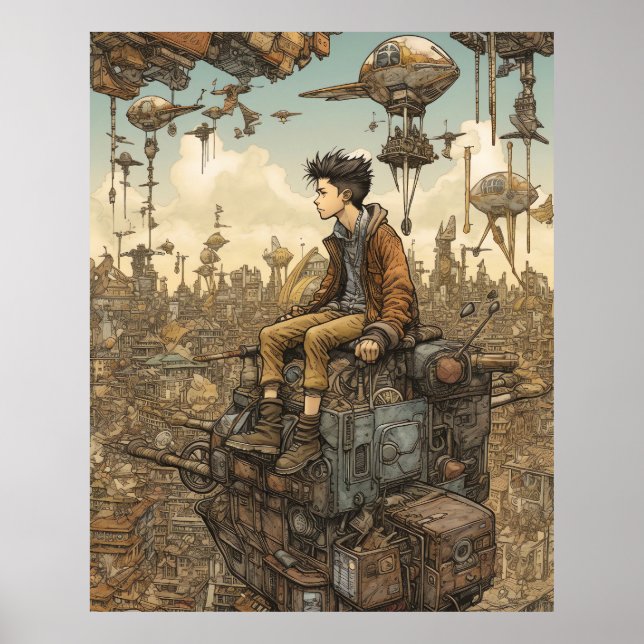 Steampunk Tonåring på stadens topp Poster (Framsidan)